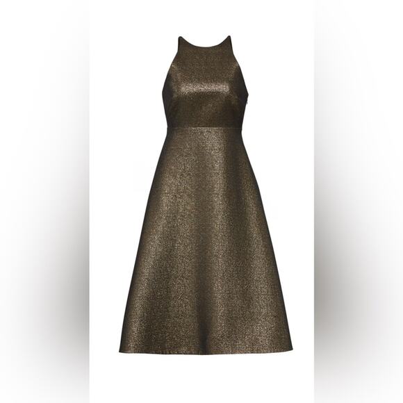 Halston Heritage Dress sz 6 Brown Halter Glitter Bow Back Midi Formal Fit Flare - Picture 4 of 4